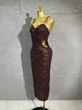 Women Dark Brown Spaghetti Strap Beaded Sequins Midi Dress Suitable for Formal Dinners, Cocktail Parties, Guests and Party