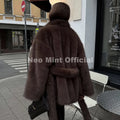 Winter 2026 New Stylish Mocha Brown Belted Wrap Fur Coat Women Street Fashion Girls Fluffy Faux Fox Fur Jacket Overcoat