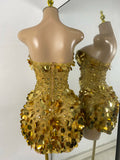 Sparkly Sequins Diamonds Women Sexy Mesh Strapless Short Sleeveless Gold Party Nightclub Performance Costume Stage Wear