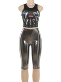 High Street Style 2 Piece Set Woman Mic Print o-Neck Tops+Reflection Design Skinny Peach Hip Shorts Sexy Fashion Suit