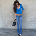 Ruffled Knit Casual Pullover Women's Bow Lace Up V-Neck Solid Slim Commuter T-Shirt Summer New Female Party Vacation Top