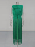 Solid Spliced Tassel Dresses Suit for Women O Neck Sleeveless High Waist Long Dress with Sling Two Piece Set Female