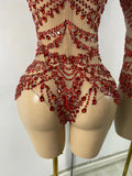 Sparkly Red Rhinestones Women Sexy Mesh See Through High Stretch Bodysuit Nightclub Performance Dance Costume Singer Stage Wear