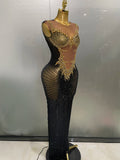 Sexy Sparkly Diamonds Sleeveless See-Through Long Dress Women Birthday Celebrate Evening Party Photo Shoot Stage Costume