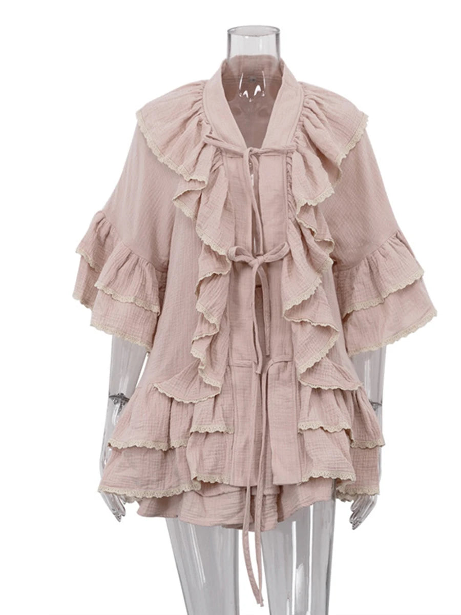 Casual Ruffle Women Two Piece Set V Neck Flare Sleeve Lace Top Short Skirt for Vacation Daily Wear Fashion Summer