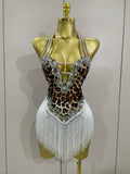 Women Sexy Sparkly Rhinestones Leopard Print Tassel Bodysuit 2026 New Evening Party Birthday Nightclub Performance Stage Costume