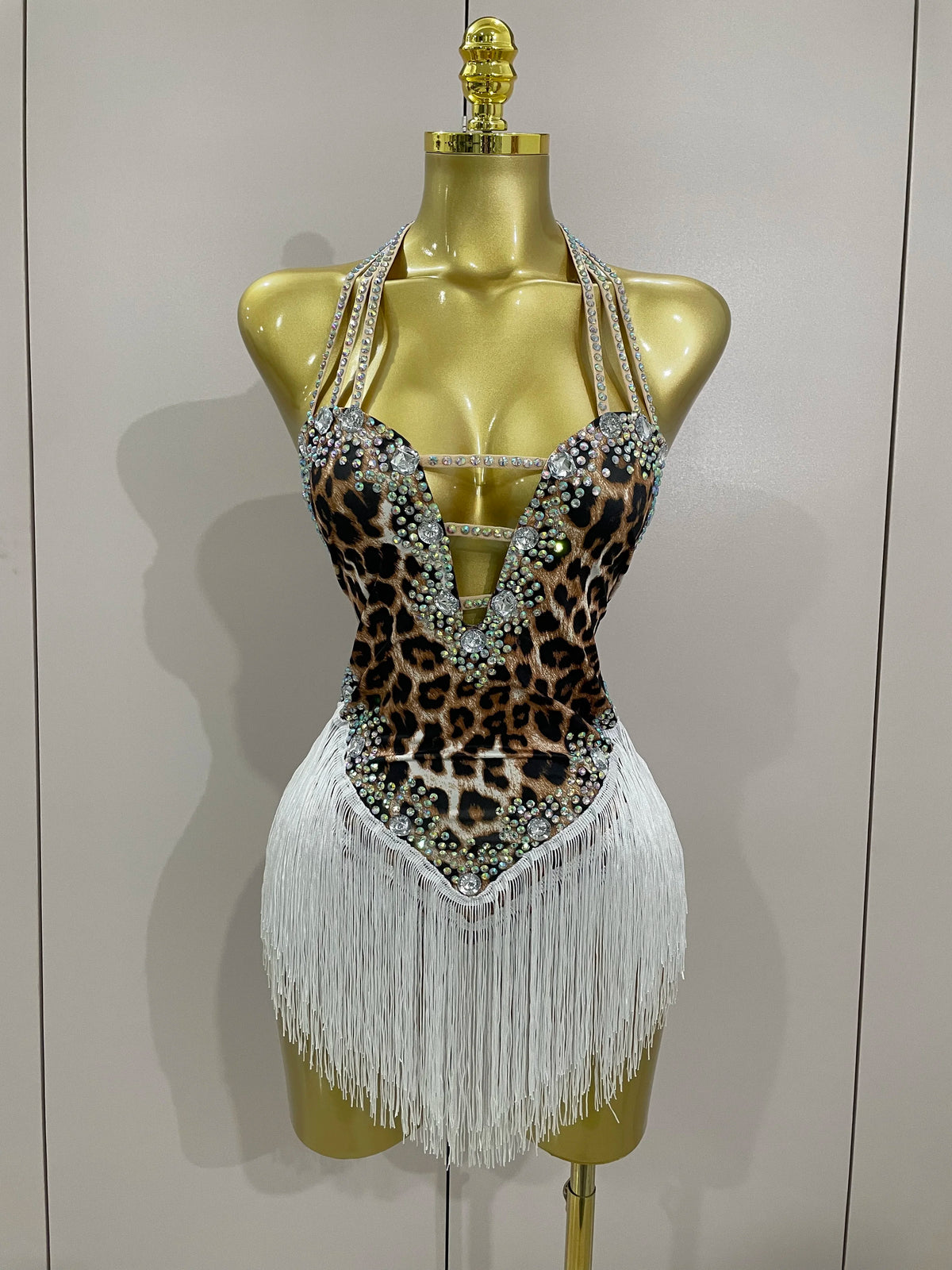 Women Sexy Sparkly Rhinestones Leopard Print Tassel Bodysuit 2026 New Evening Party Birthday Nightclub Performance Stage Costume