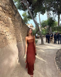 Brown Glitter Chiffon Tiered Maxi Dress Elegant One Shoulder Square Neck Flowy dresses 2026 Summer Formal Wedding  Party gowns
