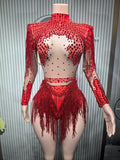 Sexy Skinny Leotard Singer Dancer Show StageWear Sparkly Blue Rhinestones Women DanceCostume Fringes One Shoulder Bodysuit  7G