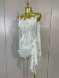 Women Sexy Strapless Backless Red Lace Split Mni Bodycon Dress With Gloves Celebrity Elegant Evening Club Birthday Party Outfit