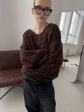 Women's Cable Knit Sweater V Neck Long Sleeve Oversized Loose Chunky Twist Pullover Tops Casual Autumn Retro Commute Top