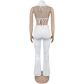 Women's Ruched Pant Set Brown Halter Crop Top And Flared Trouser Two-Piece Set Elegant V-neck Design Cut-Out Club Outfits