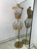 Women Sexy Crop Top Skirt Two Pieces Sets Glitter Sequins Backless Performance Outfit Nightclub Luxury Birthday Dress