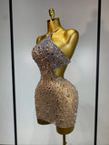 Women Sexy Mesh See Through Mini Dress Luxury Rhinestones Stage Costume Singer Dancer Nightclub Evening Party Birthday Dresses