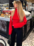 Women's Ribbed Knit Turtleneck Cutout Shoulder Halter Vest Long-Sleeved Shawl 2-Piece Set Slim Y2K Sexy Street Autumn Top
