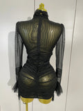 Women Evening Club Party Birthday Dresses Elegant Black High Collar Long Sleeve Solid Mesh Sexy See Through Ruffle Mini Dress