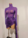 Women Sexy Mesh See Through Long Sleeves Mini Dress Luxury Sparkly Purple Diamond Birthday Evening Party Nightclub Stage Costume