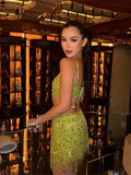 Women's Lime Green Sequined skirts Set 2 pieces sexy Spaghetti Strap Crop Top Mini Skirt with Tassel Lady Party Outfits