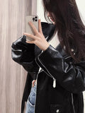 Women's Motorcycle Leather PU Imitation Leather Loose Jacket Black Jacket