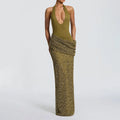 Glam Halter Cutout Maxi Dress for Women Solid Sleeveless Bodice Sequin Draped Wrap Skirt Back Slit for Evening Occasions