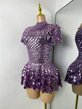 Sexy Women Short Sleeve Sparkly Sequins Stage Dress Luxury Evening Party Nightclub Performance Costume Stage Wear