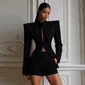 Shoulder Pad Stand Collar Sets Women Chic Solid Waist Cinching Slim Fit Shorts Two-piece Suits 2026 Lady Party Daily Outfits New