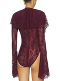 Sexy Club Burgundy Lace Plunge Bodysuit for Women Ruffled Design Long Flare Sleeves Slimming Bodysuits for Luxury Dinners