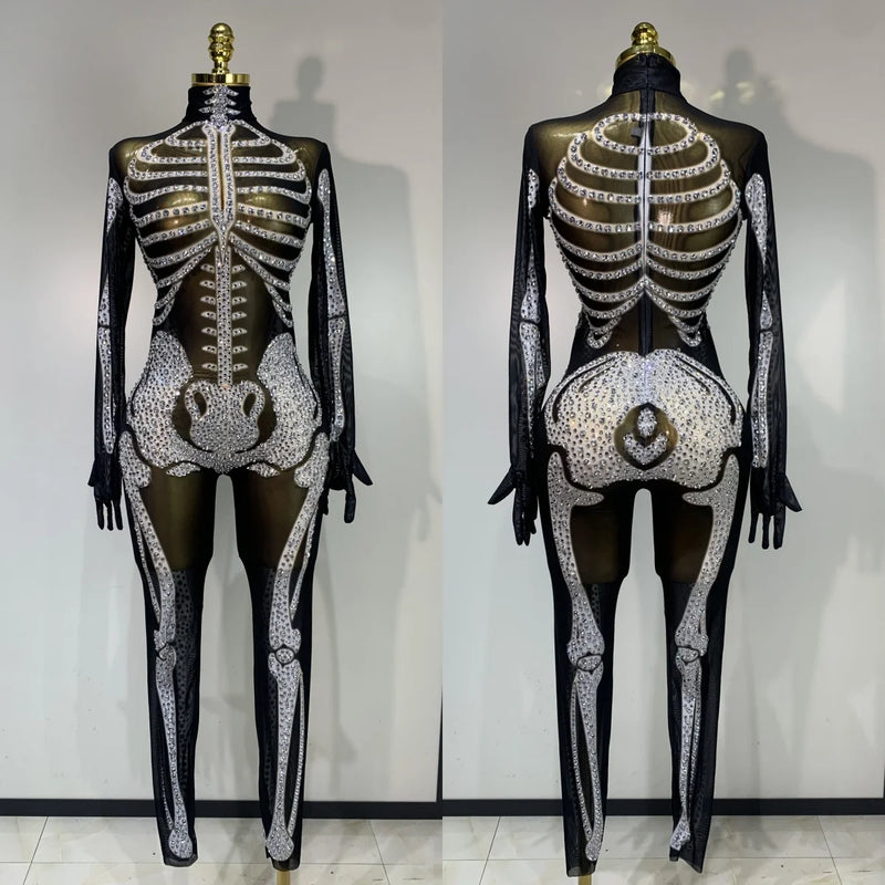 Luxury Rhinestones Skeleton Mesh See Through Jumpsuit Long Sleeve Nightclub Cos Party Stage Performance Halloween Costume