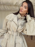 Women Oatmeal Soft Suede Stand Collar Snap Button Pocket Jackets Long Sleeve Coats Autumn Daily Office Party Chic Outerwear 2026