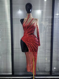Heavy Red Sparkly Crystal one shoulder Split Dress Sexy mesh see Transparent Birthday party latin outfit Celebrate show Designer