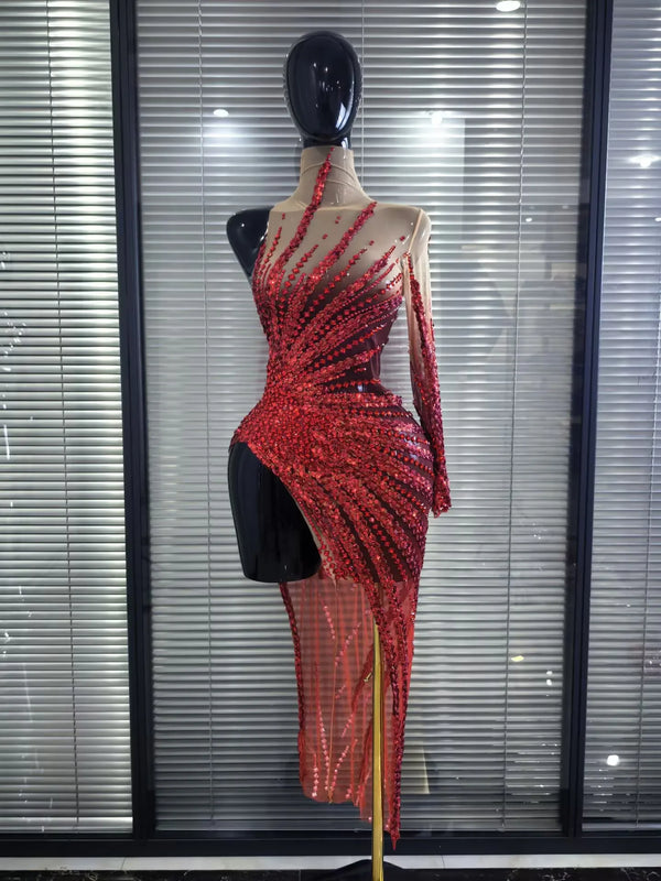 Heavy Red Sparkly Crystal one shoulder Split Dress Sexy mesh see Transparent Birthday party latin outfit Celebrate show Designer