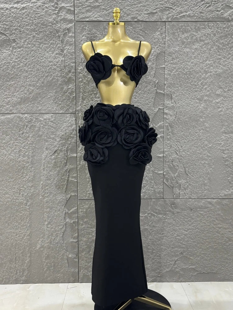 Women Sexy Strap Florlas 2 Pieces Bodycon Long Bandage Dress Nightclub Party Bar Singer Celebrate Birthday Outfit