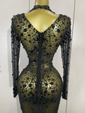 New Sexy Sparkling Red Crystals Feathers Long Sleeve Mermaid Maxi Dress Women Wedding Celebrate Luxury Birthday Party Prom Gown