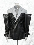Pu Leather Patchwork Contrasting Design Slim Suit Blazers For Women Notched Collar Long Sleeve Coats Female Clothes Style