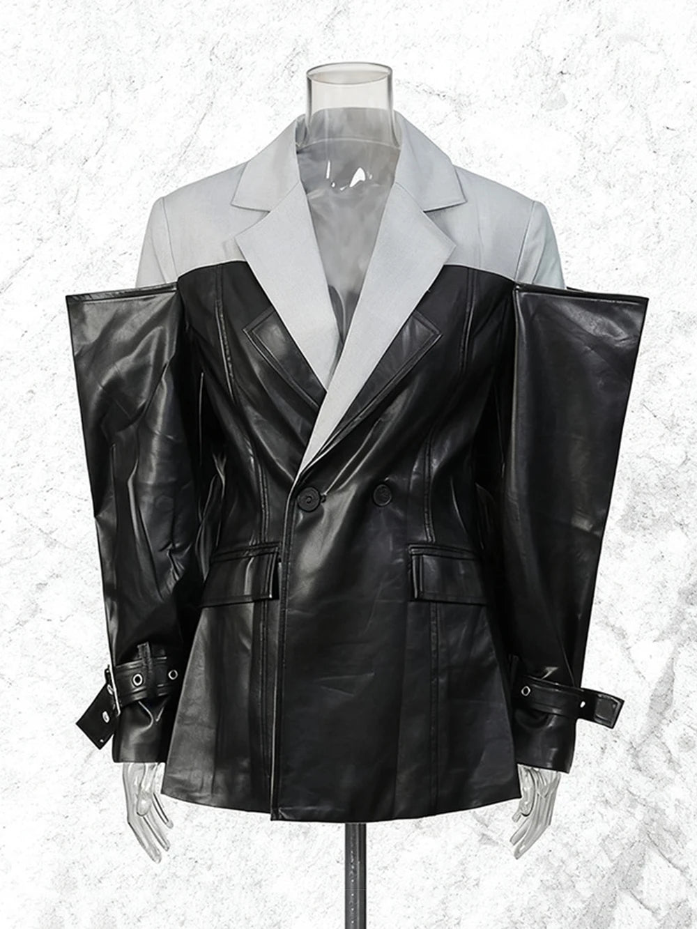 Pu Leather Patchwork Contrasting Design Slim Suit Blazers For Women Notched Collar Long Sleeve Coats Female Clothes Style
