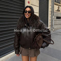 Exclusive Faux Raccoon Fur Collar Brown PU Leather Jacket Women 2026 Winter Warm Windproof Insulation Faux Leather Coat
