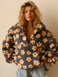 Fashion Floral Faux Lambswool Sweatshirt Women's Casual Zipper Pocket Loose Pullover Sweatshirt Autumn Festive Clothing