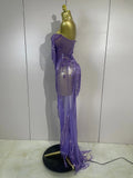 Sexy Purple Strapless Mesh See Through Long Dress Sparkly Diamond Tassel Birthday Evening Party Nightclub Bar DJ Show Stage Wear