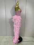 Women Sexy Elegant Evening Party Luxury Birthday Photo Shoot Performance Costume Sparkly Rhinestone Feather Mesh Long Dress