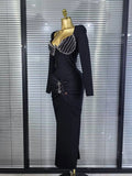New Women Long Sleeve Square Collar Shinning Diamond Bodycon Long Bandage Dress Elegant Evening Party Celebrate Outfit