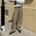 American Retro Plaid Trousers for Women High Waist Spliced Pockets Casual Oversized Lantern Wide Leg Pants Female