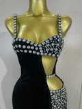 Sexy Photo Shoot Outfit Sparkly Diamonds Side Slit Black Velvet Bodycon Long Dress Women Evening Party Nightclub Stage Costumes