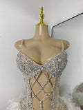 Luxury Women Sexy Shiny Crystal Feathers Hollow Out Bodysuit Nightclub Performance Dance Costume Nightclub Singer Stage Wear