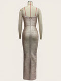 2026 Women Sexy New Sleeveless low-cut Striped Gold Long Dress Party Costume Bar Nightclub Stage Performance Clothing