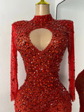 Sparkly Rhinestone Women Sexy Mesh See Through Floor Length Long Sleeve Birthday Dress Party Nightclub Stage Wear