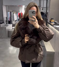 Women Short Belted Puffer Jacket Large Faux Fox Fur Collar Waist Tie Puff Sleeve Thick Warm Coat Winter Elegant 2026 Streetwear