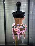 3D Florals Women Sexy Strapless Mesh High Stretch Kaced-up Bodycon Midi Dress Bar Singer TV Performance Costumes Stage Wear