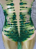 Luxurious Green Rhinestone Sheer Bodysuit Tassel Tail Ideal for Clubbing Festivals and Special Occasions Stage Performance