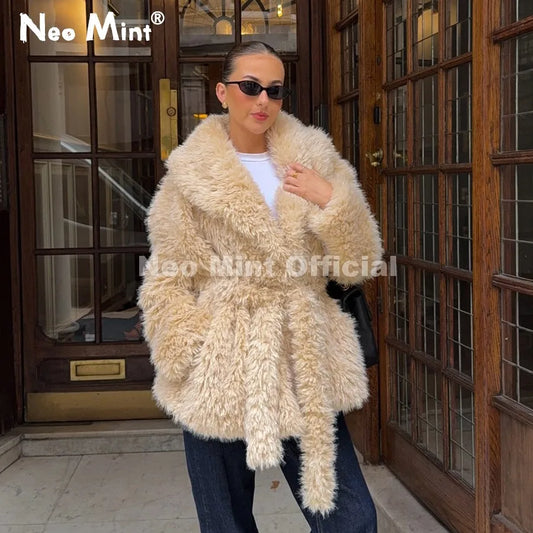 Winter 2026 Long Belted Wrap Fur Jacket Women Street Fashion Girls Shawl Collar Faux Lamb Fur Robe Coat Fuzzy Outerwear