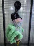 Mint Color Women Sexy Strapless Shining Rhinestones Ball Gown Mini Dress Cute Celebrate Birthday Party Performance Costumes